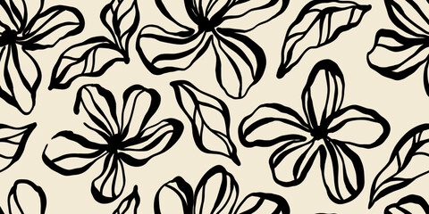 Leaves branch and Hand Drawn doodle Scribble floral plants banner. seamless pattern. Creative minimalist Abstract art background. Design wall decoration, postcard, poster and brochure