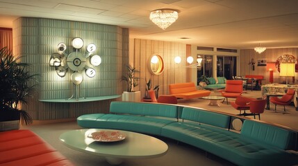 Retro hotel lobby at night