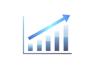Growing bar chart with blue arrow indicates upward trend on transparent background
