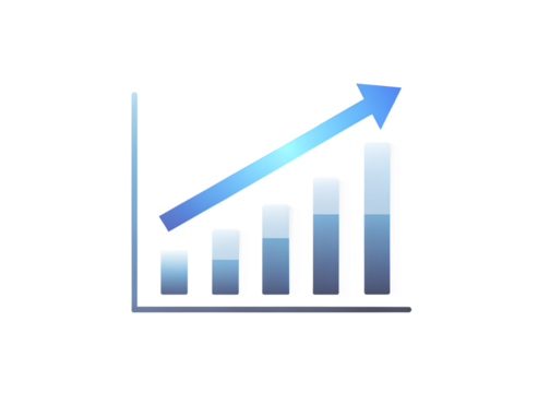 Growing bar chart with blue arrow indicates upward trend on transparent background