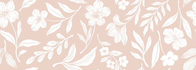 Leaves branch and Hand Drawn doodle Scribble floral plants banner. seamless pattern. Creative minimalist Abstract art background. Design wall decoration, postcard, poster and brochure