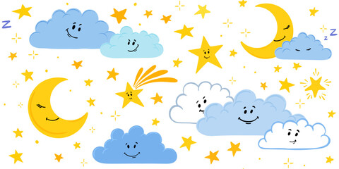 Cute hand-drawn seamless pattern with moon, stars and clouds in a childish style. cartoon nighttime sky. Weather character with smile face. Repeated print with happy doodle moon, funny stars, clouds