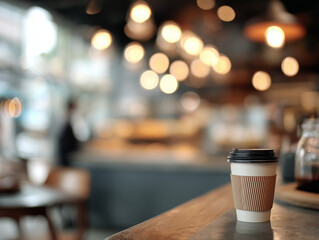 Blurry café background with takeaway coffee in focus
