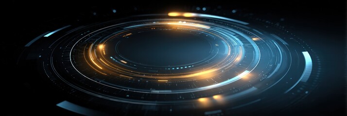 Photo of a mesmerizing display of concentric rings glows with futuristic energy, showcasing a blend of blue and gold light in an abstract and technological design