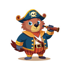 Cute Pirate Bear with Telescope and Rubber Duck. Fun Animal Vector Illustration for Kids, Adventure Themes, Nursery Art, and Playful Character Design.