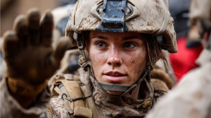 Obraz premium Female soldier in action: determination and focus in military gear