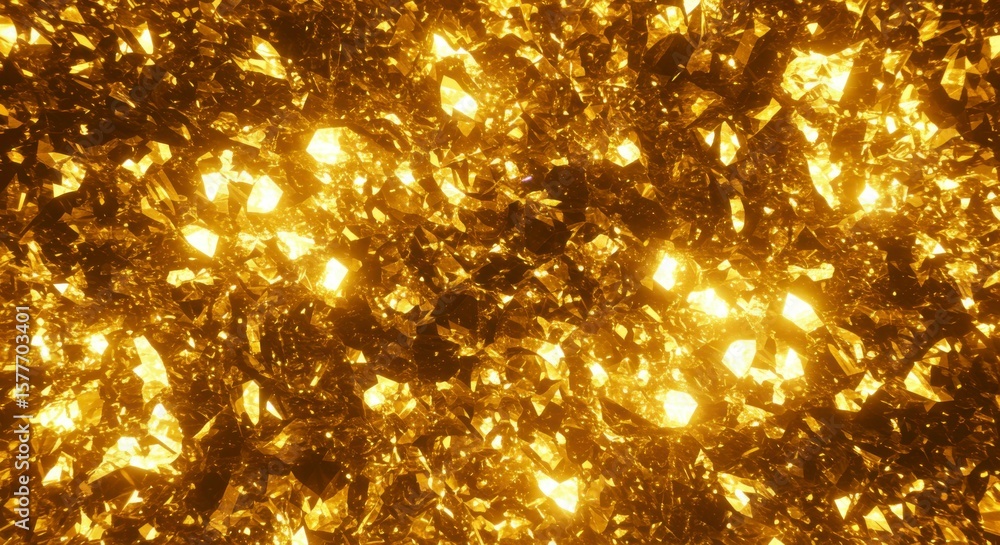 Poster abstract gold texture with shimmering, fragmented pieces. illuminated from within, creating a radian