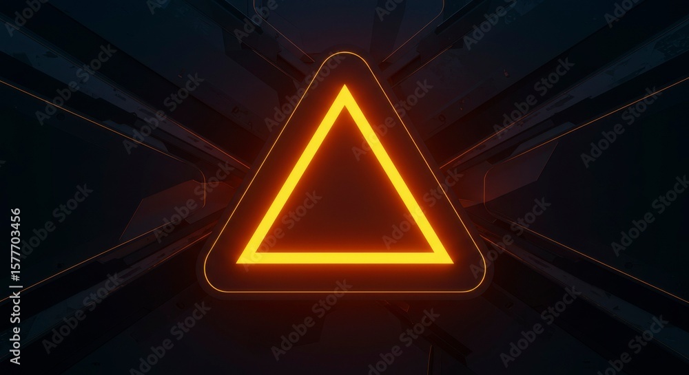 Poster glowing orange triangle set inside a dark, geometric pattern. light beams emanate from the triangle'