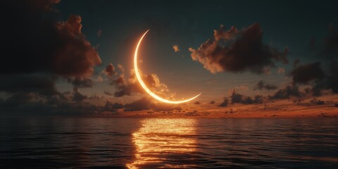 Soft Glowing Crescent Moon over Ocean at Sunset.