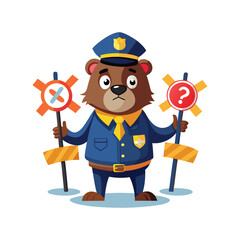 Funny Bear Traffic Cop Vector. Bear Holding Traffic Signs with Wrong Directions. Humorous Animal Illustration for Road Safety Concepts and Editorial Design.