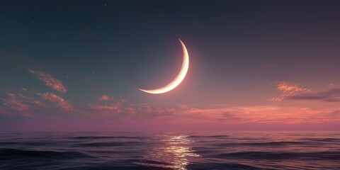 Soft Glowing Crescent Moon over Ocean at Sunset.
