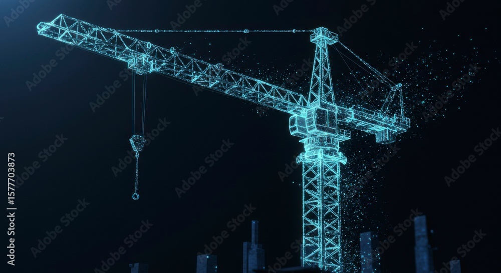 Poster a digital rendering of a construction crane, composed of glowing lines and points of light against a