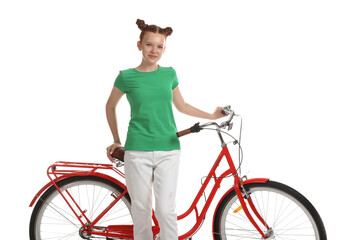 Obraz premium Teenage girl with red bicycle on white background