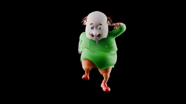 3d render buncit in action. character of a half-bald old man with a pot belly. transparent background. PNG sequence.