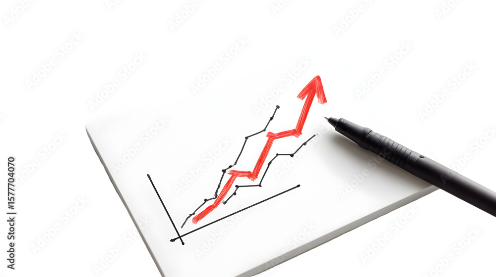 Poster hand drawn graph with red arrow pointing upward on white paper with a transparent pen beside it
