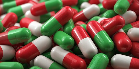 Stacked Soft Capsules 3D Render: Green, Red, and White Matte Finish.