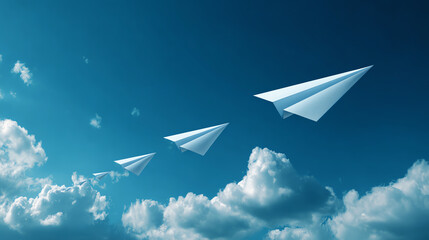 Paper airplanes soar through clear blue sky symbolizing strategic planning and alignment