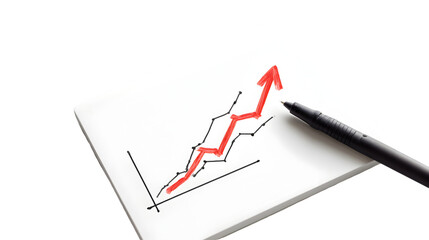 Hand drawn graph with red arrow pointing upward on white paper with a transparent  pen beside it