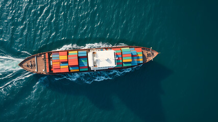 Aerial top view of cargo container business ship, global express in the ocean, logistics freight shipping and transportation. Generative AI