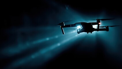 Drone Silhouetted drone flies in the dark, emitting bright beams, against blue night