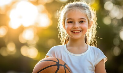 Cheerful kid girl holding basketball in sunny park