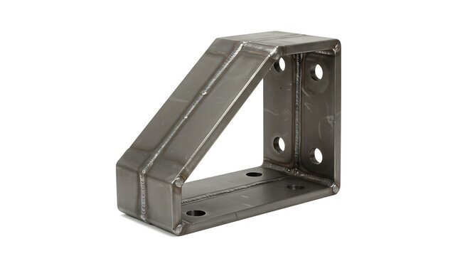 A detailed studio shot of a heavy-duty welded steel corner bracket, isolated on a clean white background