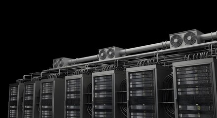 Modern server racks with cooling systems above in a data center, showcasing advanced infrastructure and technology.