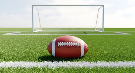 American Football Ball on a Green Field in Front of Goalposts