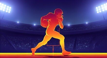 Dynamic illustration showcasing a glowing football player silhouette in action under stadium floodlights, capturing the essence of energy, sportsmanship, and a competitive sports atmosphere.
