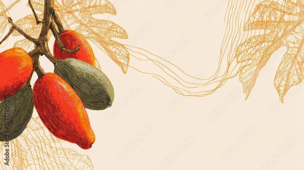 Poster vibrant papayas with a clean background and stylized line art create a refreshing visual experience 
