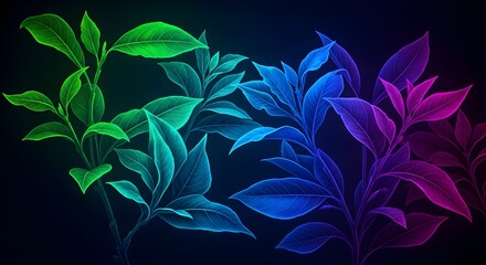Colorful Abstract Illustration of Leaves in Gradient Style on Dark Background