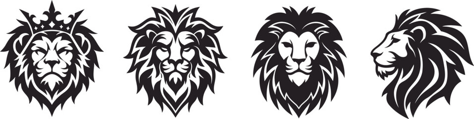 Fototapeta premium A majestic set of four lion head vector illustrations, showcasing different styles including a royal crowned lion, symbolizing power and strength. 