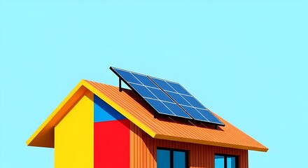 A colorful modern house features solar panels installed on its roof, symbolizing renewable energy and efficient living, under a bright blue sky.