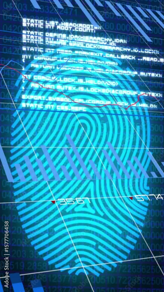 Poster animation of fingerprint scanning, graphs and data on navy background