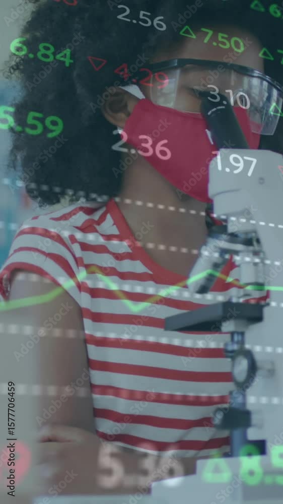 Poster animation of data processing over african american schoolgirl with face mask using microscope