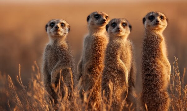 A group of four meerkats standing upright in tall grass under a warm golden light at sunset time outdoors