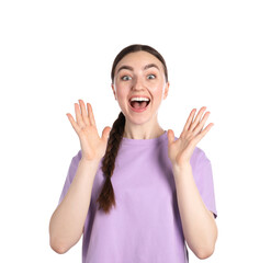 Portrait of surprised woman on white background