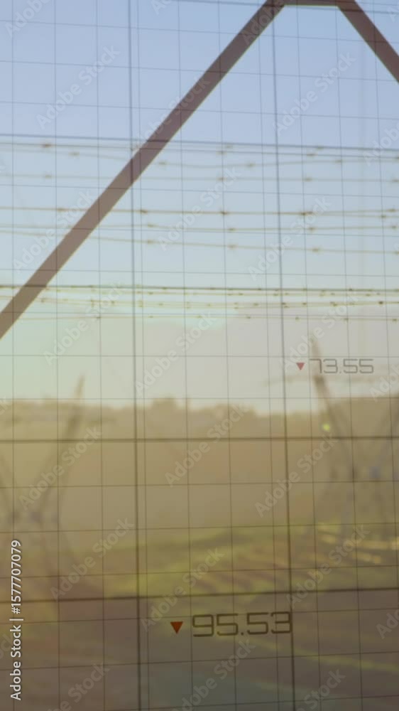 Poster animation of statistics and data processing with red lines over electricity pylon and landscape