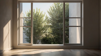 Minimalist scene with soft natural lighting coming from a window, casting gentle shadows on a neutral surface. Clean and airy composition, no objects, perfect for background use, product mockups 