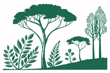 Obraz premium A green landscape with various trees and plants creates a natural scene isolated on white background