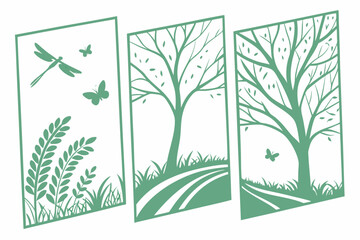 A serene nature scene with trees and insects is divided into panels