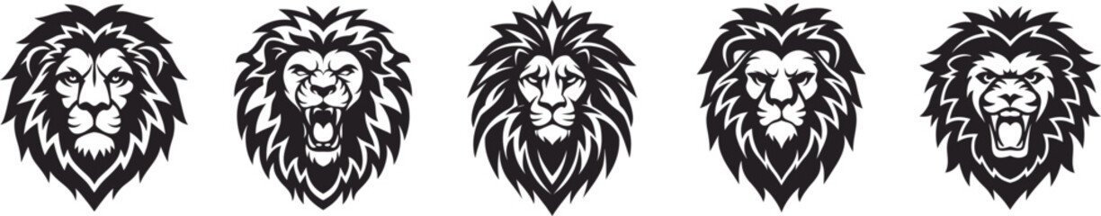 Fototapeta premium A powerful set of five black and white lion head mascots, displaying various expressions from calm to fiercely roaring. 