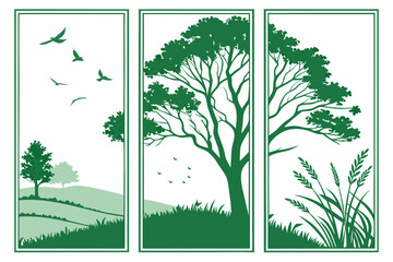 A triptych of trees, fields, and birds in a rural landscape
