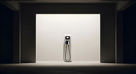 Electric vehicle charging station in a contemporary garage illuminated by soft light, showcasing clean lines and eco-friendly technology.