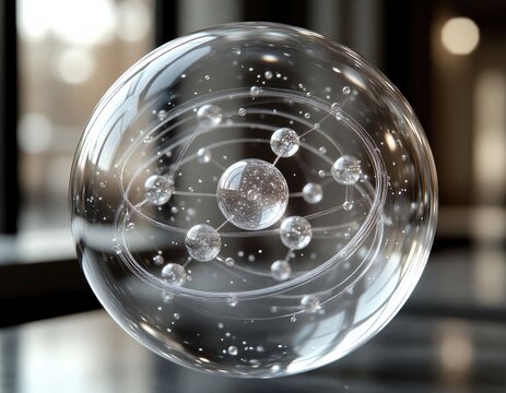 Transparent sphere containing orbiting molecules in isolated scientific setting.