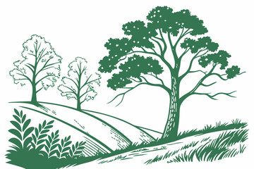 Fototapeta premium A green landscape with trees and rolling hills illustration