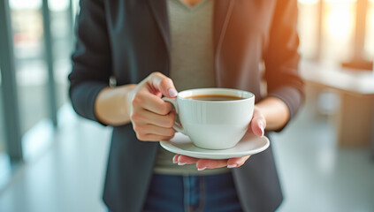 mug with a drink in his hands close-up