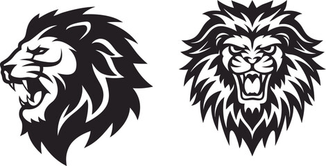 Fototapeta premium Two fierce, roaring lion head mascots in a powerful black and white vector style, perfect for sports team logos.