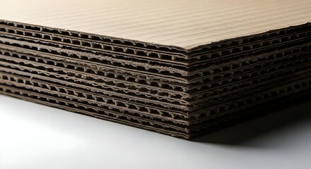 Corrugated cardboard sheets in a close-up view, showing stacking and the fluted structure. Perfect for concepts like sustainability, packaging materials, and industrial uses.