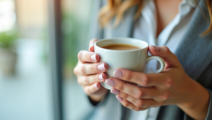 mug with a drink in his hands close-up